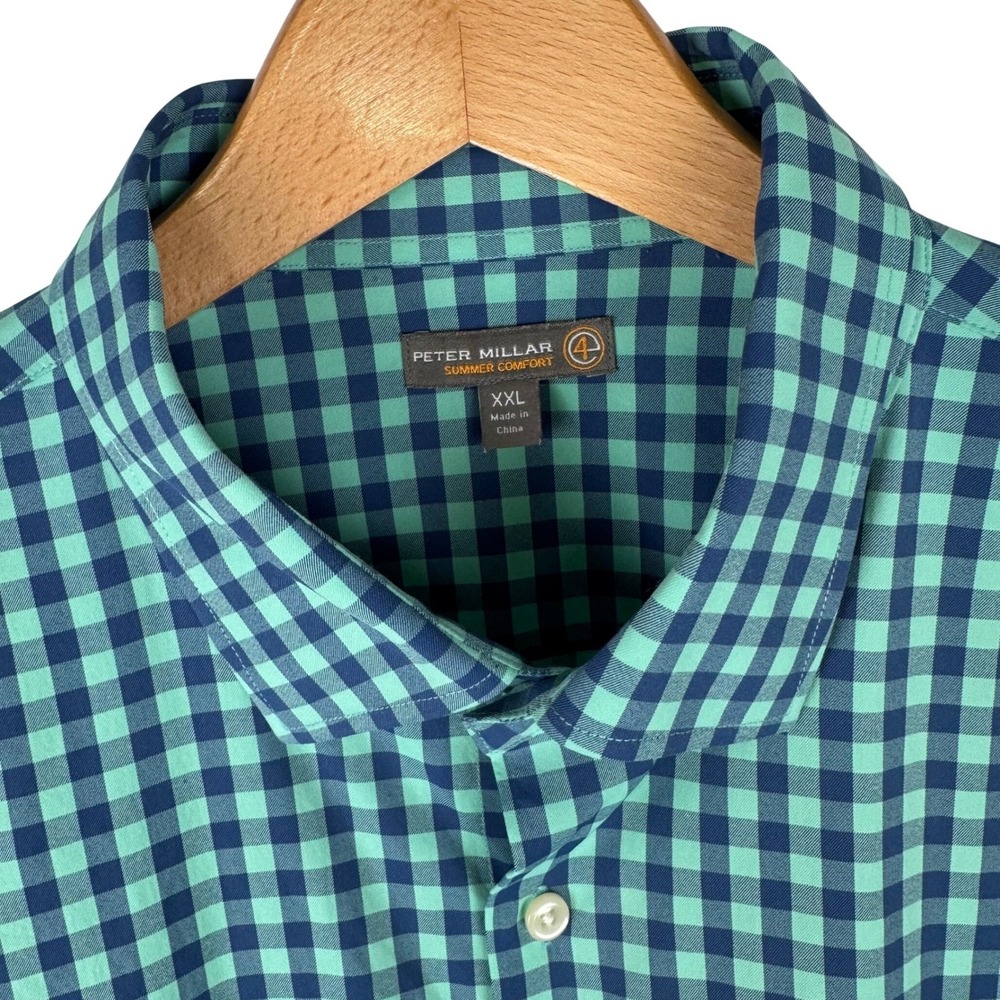 Peter Millar Summer Comfort Performance Gingham Check‎ Shirt Mens XXL Green Blue